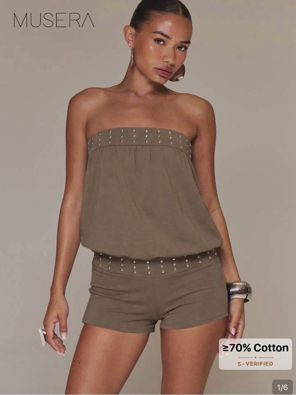 RAVE / CONCERT MusEra Taupe Strapless Stud-Trim Romper - Size Small